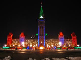 Canada’s Parliament with Christmas lights