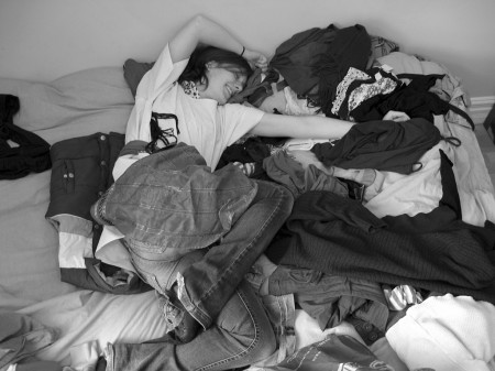 Emily Horn in a heap of clothes